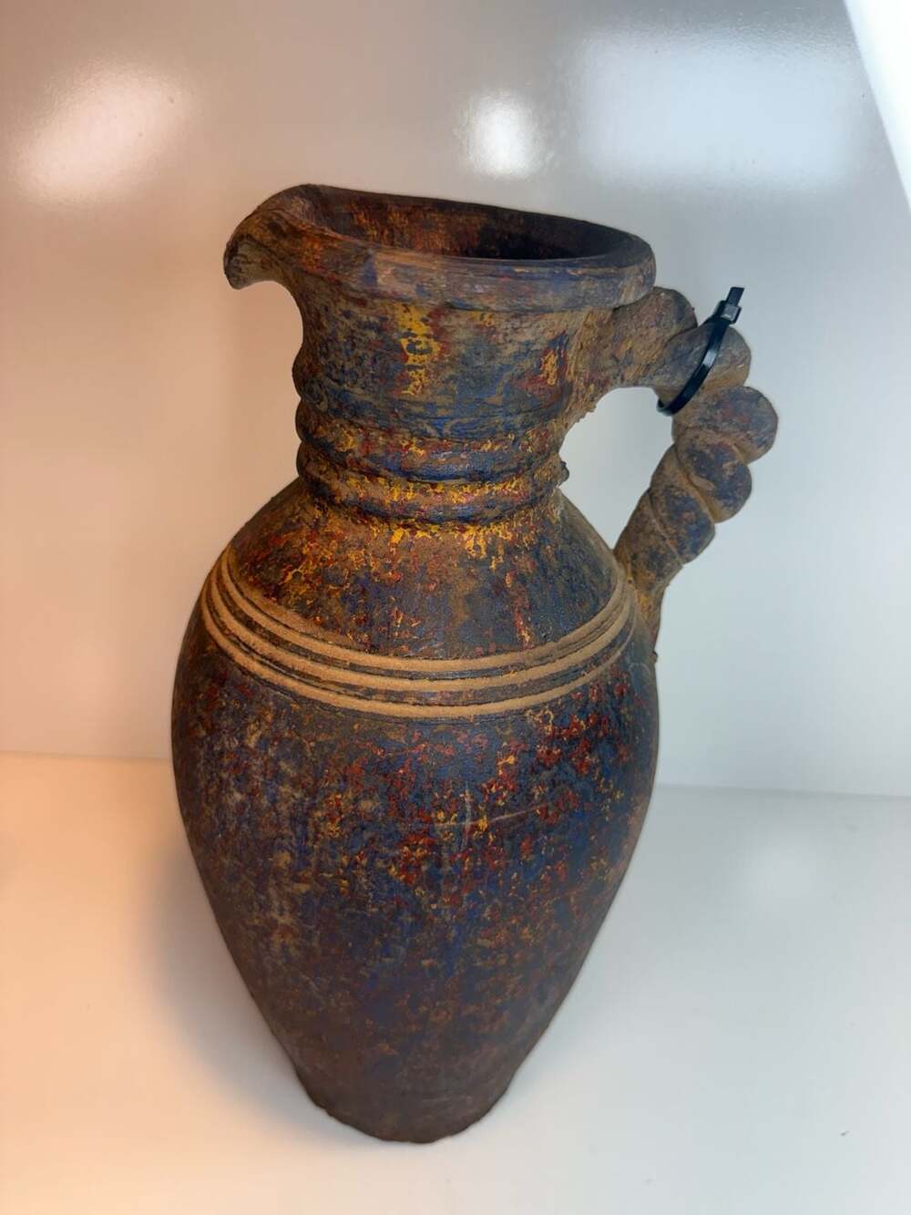 Artisan Terracotta Amphora Pitcher Size 13.5" Blue Red Rustic Wabi-Sabi